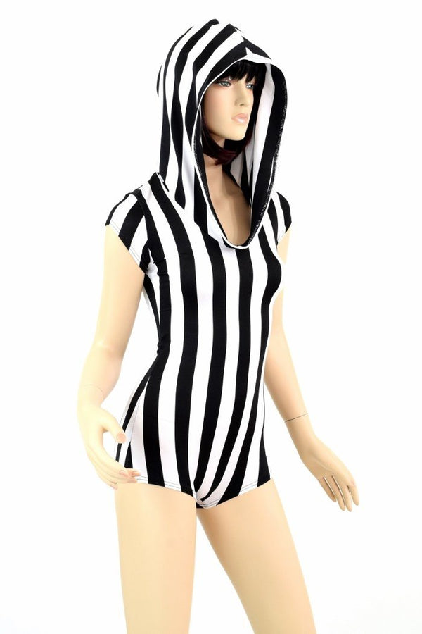 Black & White Striped Hoodie Romper - 2