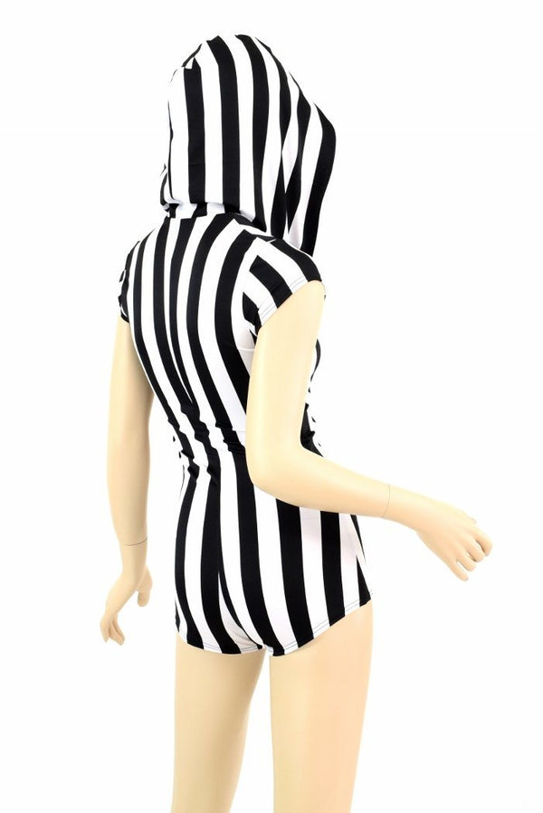 Black & White Striped Hoodie Romper - 5