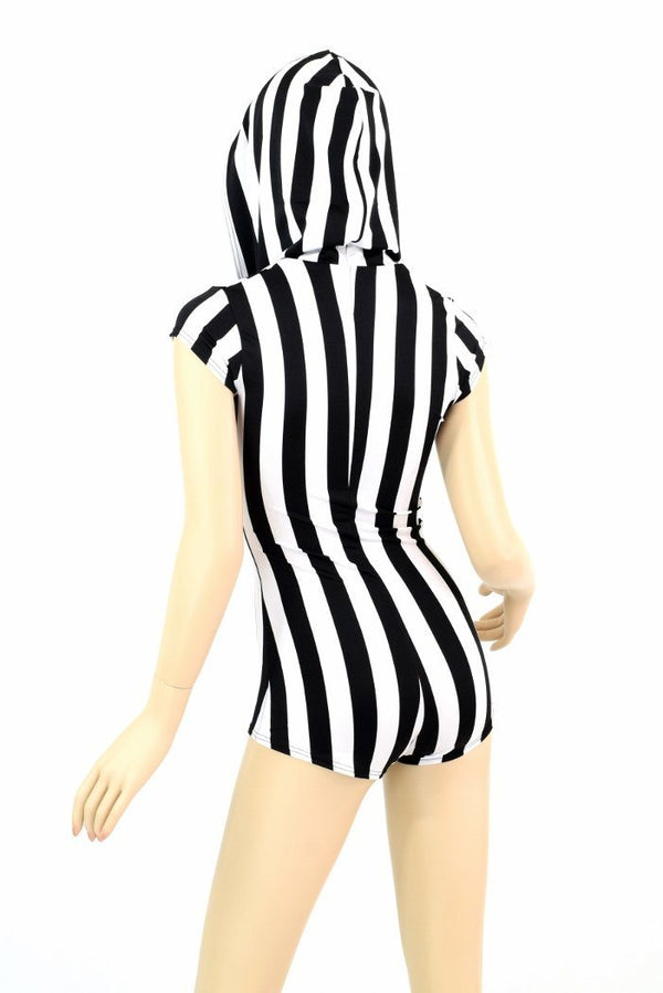 Black & White Striped Hoodie Romper - 4