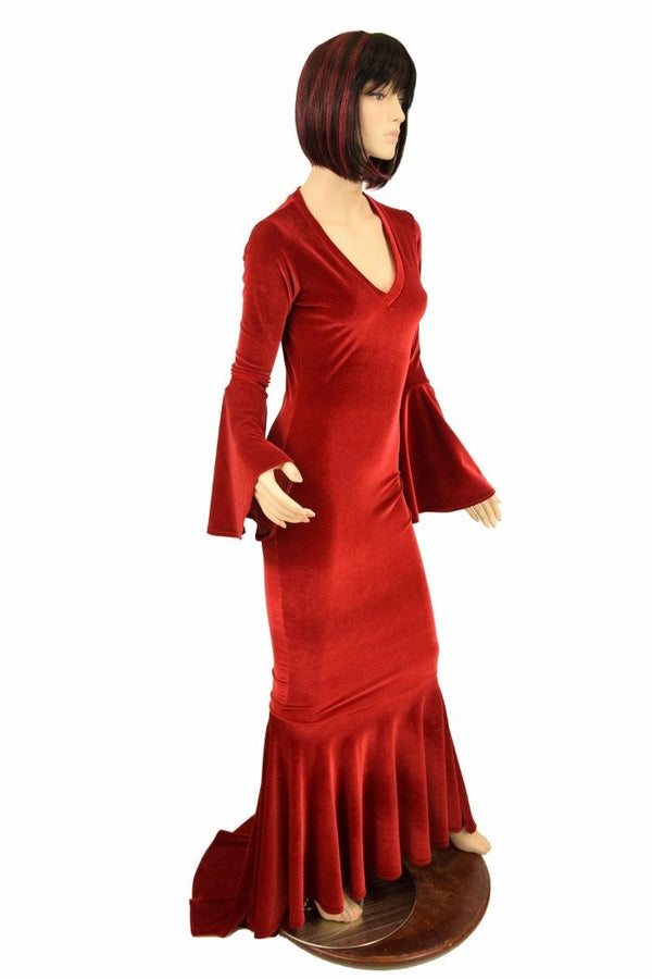 Red Velvet Trumpet Sleeve Gown - 3