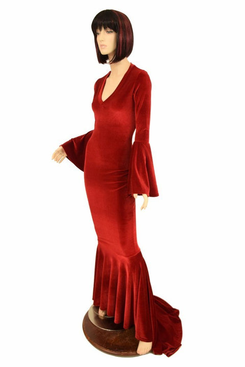 Red Velvet Trumpet Sleeve Gown - Coquetry Clothing