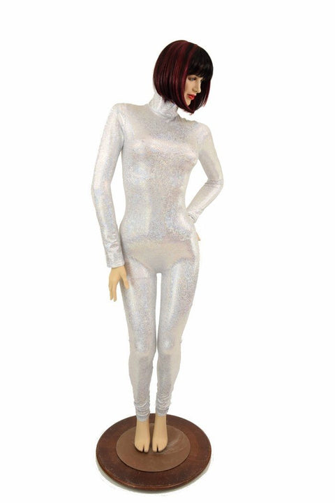 Silvery White Turtle Neck Catsuit - Coquetry Clothing