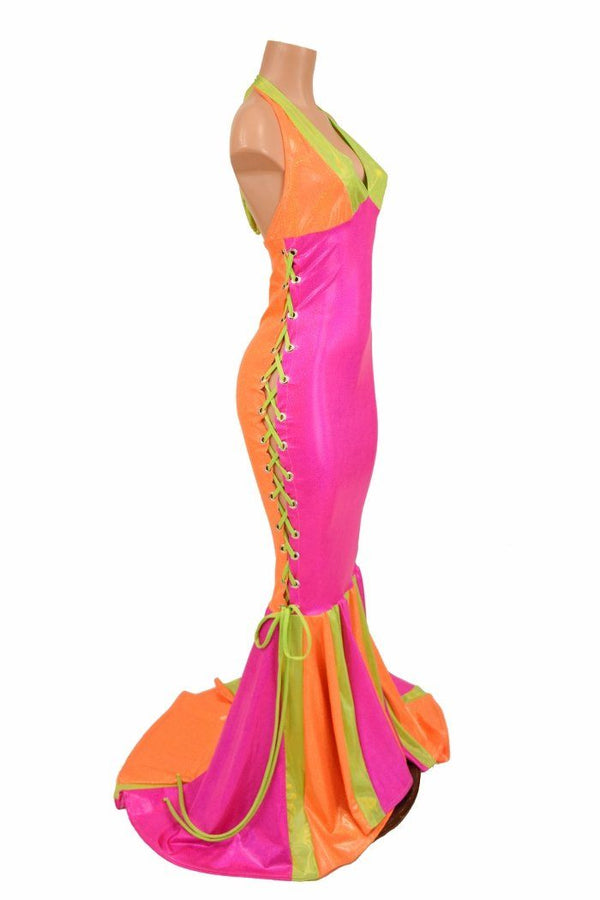 Neon Lace Up Halter Gown - 3