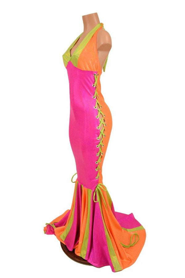 Neon Lace Up Halter Gown - 4
