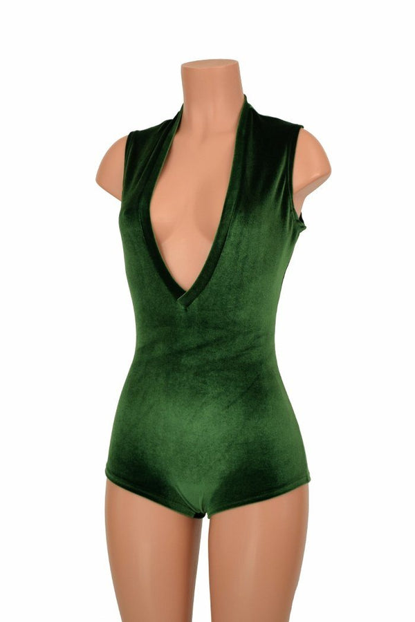 Deep Plunge Green Velvet Romper - 3