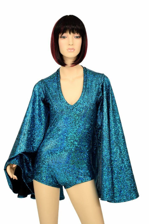 Turquoise V Neck Fan Sleeve Romper - Coquetry Clothing