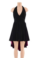 Black Hi Lo Velvet Halter Dress with Burgundy Lined Hemline - 3