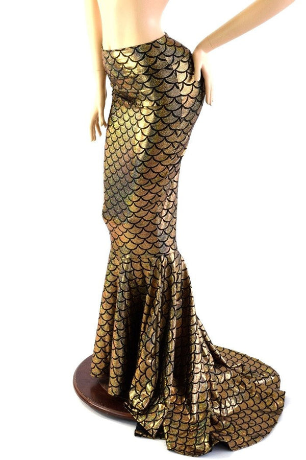 Gold High Waist Mermaid Skirt with Puddle Train - 3