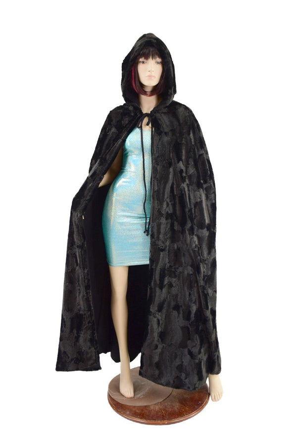 Black Minky Faux Fur Full Length Hooded Cape - 1