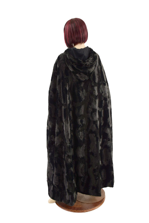 Black Minky Faux Fur Full Length Hooded Cape - 5