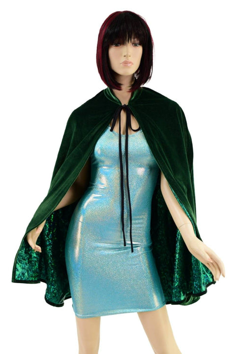 35" Collared Cape in Green Velvet, lined with Green Shattered Glass - Coquetry Clothing