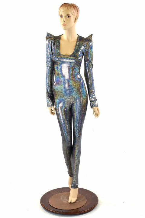 Silver Holographic Sharp Shoulder Catsuit - Coquetry Clothing