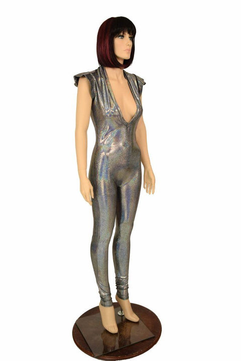 Silver Flip Sleeve Plunging V Catsuit - Coquetry Clothing