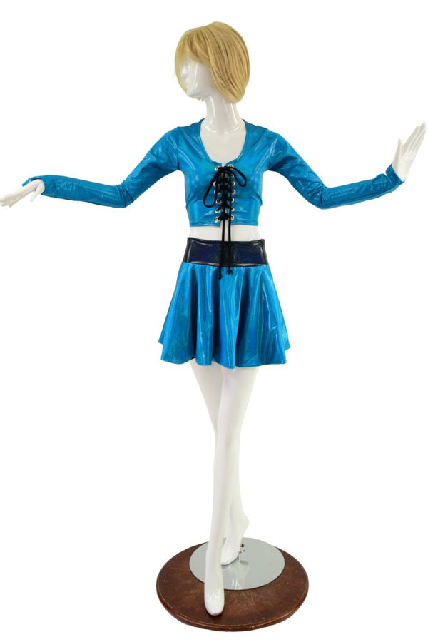 Peacock Blue Lace Up Crop Top & Flip Skirt Set - 1