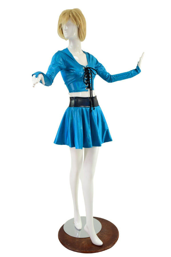 Peacock Blue Lace Up Crop Top & Flip Skirt Set - 2