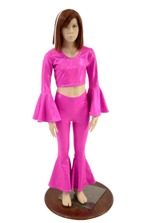 Girls Neon Pink Trumpet Sleeve Crop  & Bell Bottom Flares Set - Coquetry Clothing