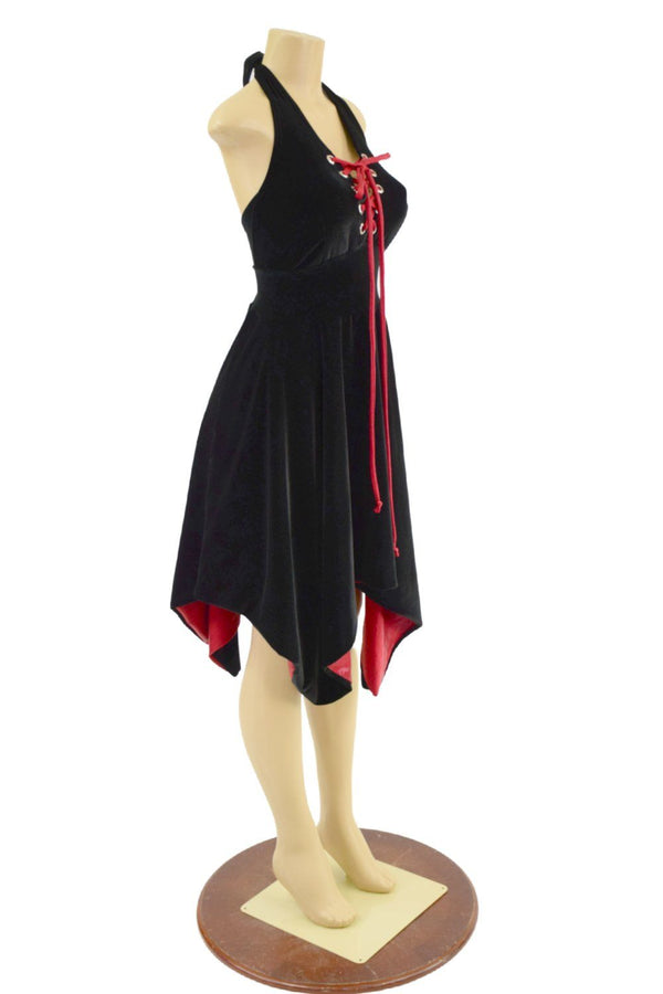Velvet Handkerchief Hemline Halter Dress with Laceup Neckline - 2