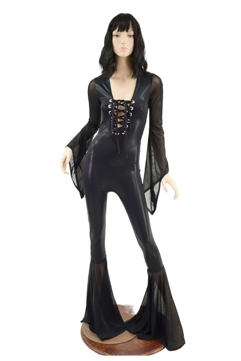 Black Mystique Laceup Catsuit with Mesh Bells and Sleeves - Coquetry Clothing