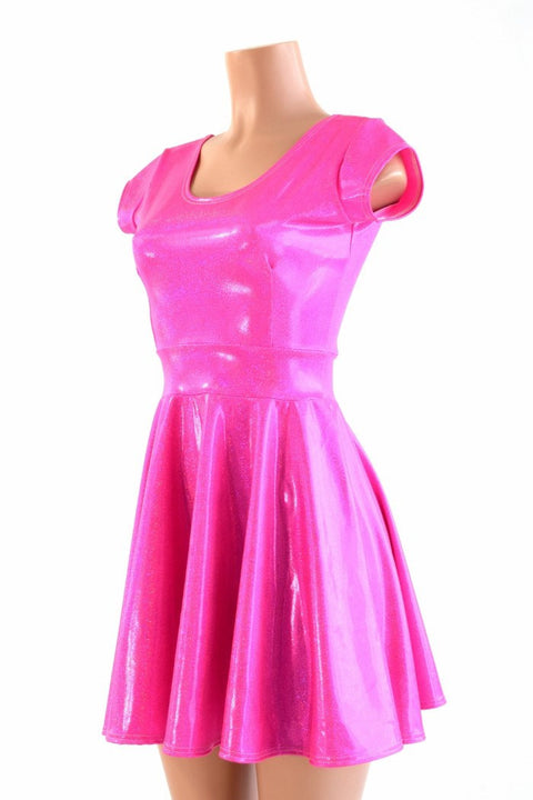 Neon Pink Holographic Skater Dress - Coquetry Clothing