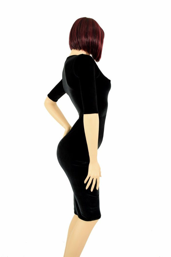 Black Velvet Half Sleeve Wiggle Dress - 2