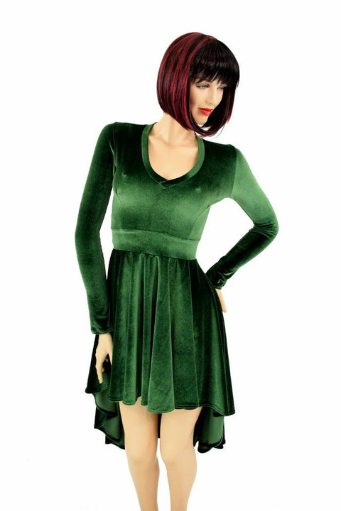 Green Velvet Hi Lo Skater Dress - Coquetry Clothing