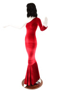 Red Velvet One Shoulder Wiggle Gown with Fishtail Hemline - 2
