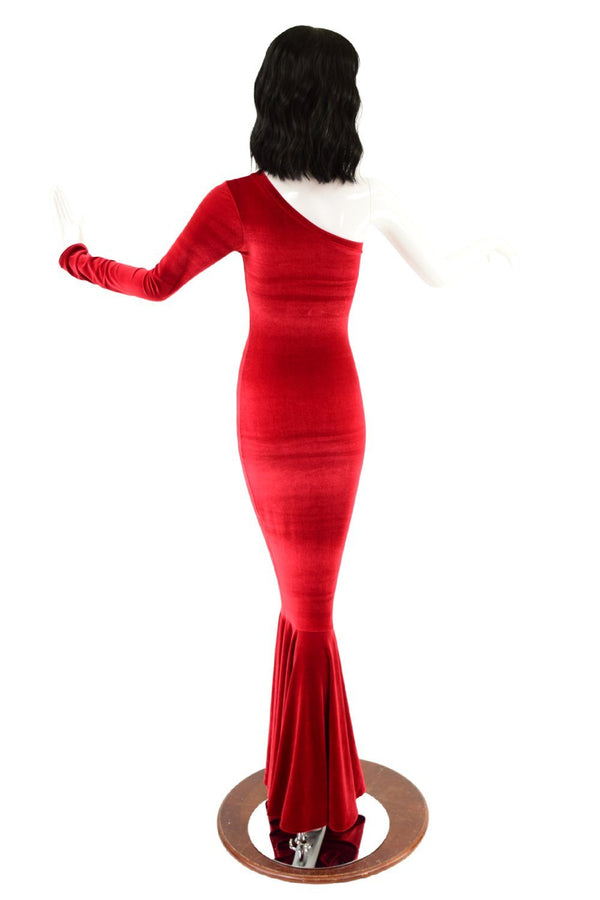 Red Velvet One Shoulder Wiggle Gown with Fishtail Hemline - 4