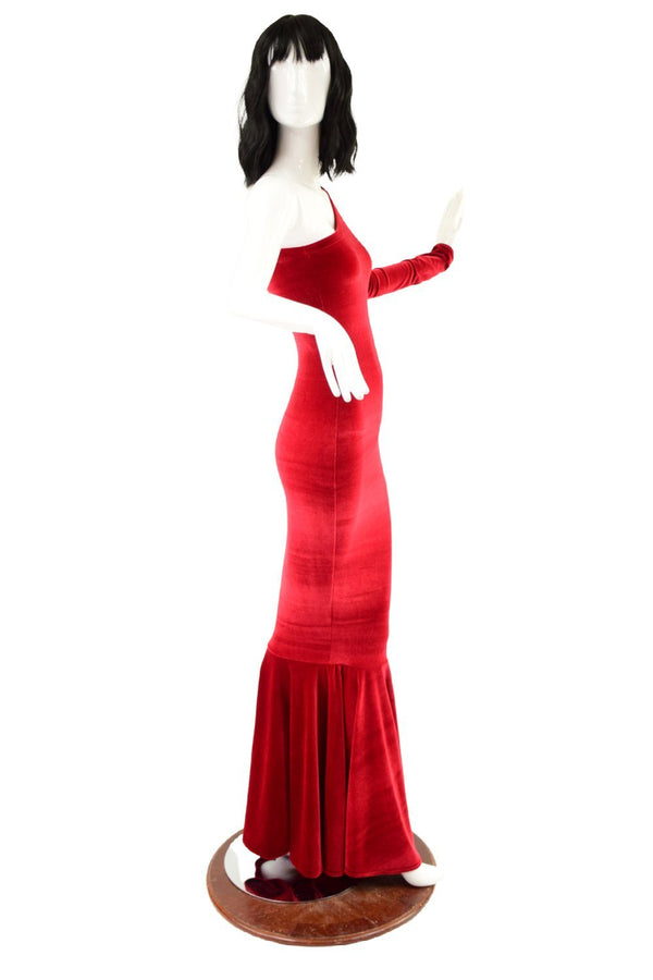 Red Velvet One Shoulder Wiggle Gown with Fishtail Hemline - 5