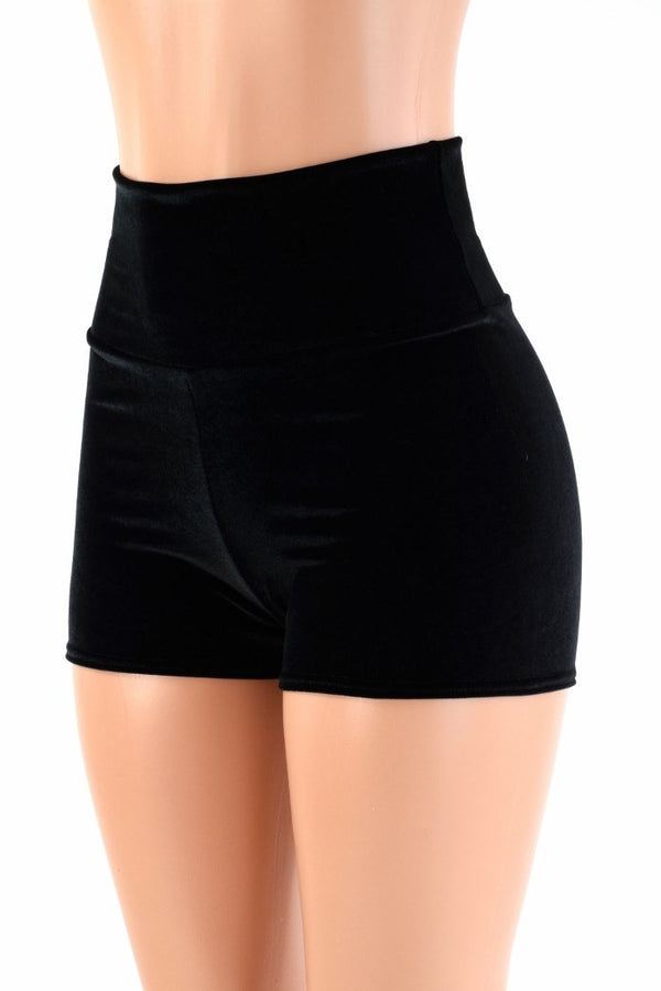 Black Velvet High Waist Shorts - 1