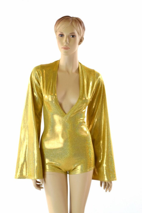 Gold Plunging V Bell Sleeve Romper with Boy Cut Leg - 1