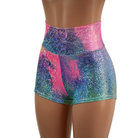 Rainbow Shattered Glass High Waist Shorts READY to SHIP - Coquetry Clothing