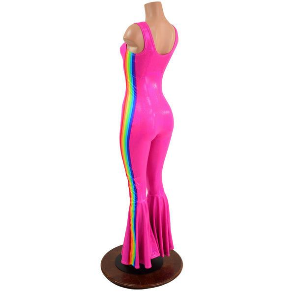 Retro Rainbow Striped Bell Bottom Tank Catsuit in Neon Pink - 4