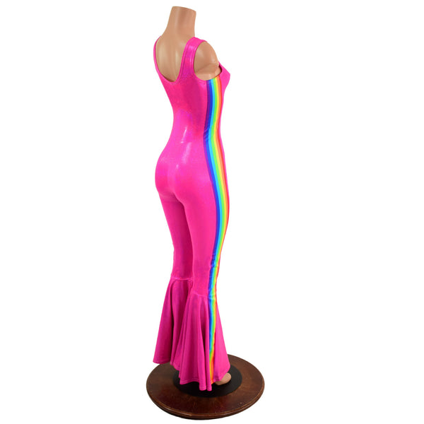 Retro Rainbow Striped Bell Bottom Tank Catsuit in Neon Pink - 3