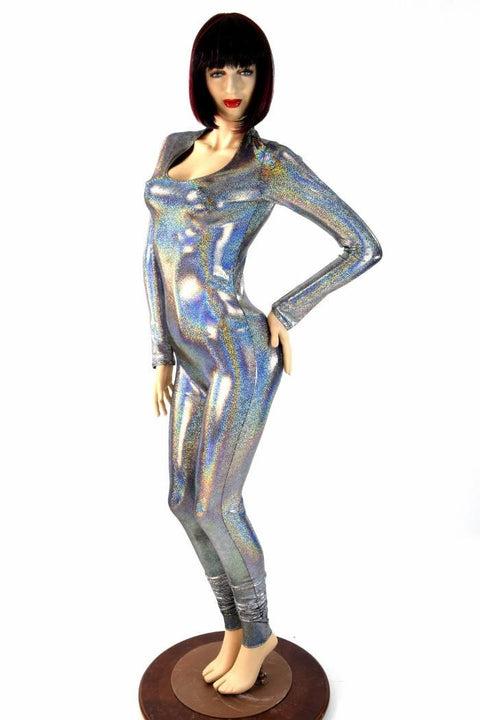 Silver Holographic Long Sleeve Catsuit - Coquetry Clothing