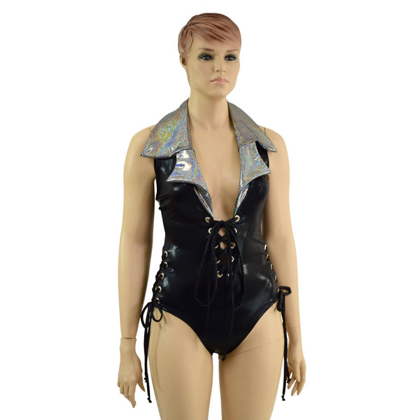 Backless Plunging Romper with Triple Laceup and Showtime Collar - 5