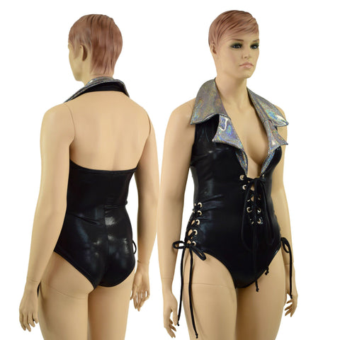 Backless Plunging Romper with Triple Laceup and Showtime Collar - Coquetry Clothing