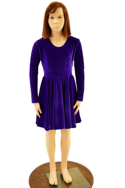 Girls Purple Velvet Long Sleeve Skater Dress - Coquetry Clothing
