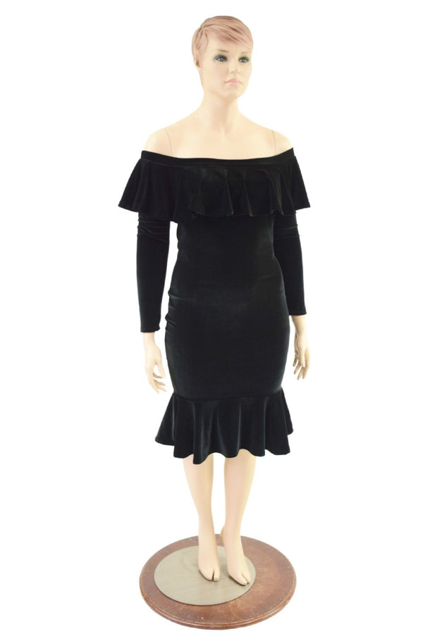 Off Shoulder Ruffled Wiggle Dress in Black Velvet - 1