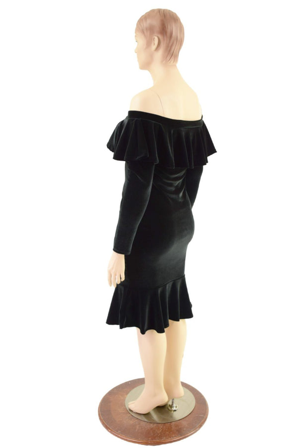 Off Shoulder Ruffled Wiggle Dress in Black Velvet - 3