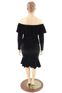 Off Shoulder Ruffled Wiggle Dress in Black Velvet - 4