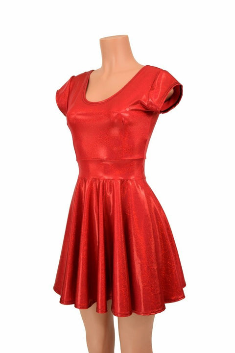Red Sparkly Jewel Cap Sleeve Skater Dress - Coquetry Clothing