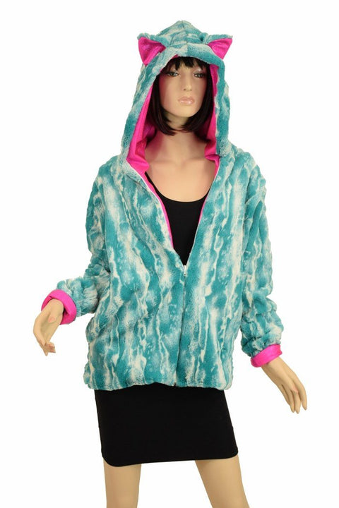 Caribbean Minky Faux Fur Long Jacket with Kitty Ears - Coquetry Clothing