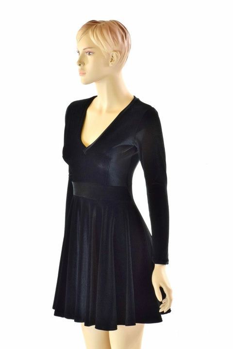 Black Velvet V neck Skater Dress - Coquetry Clothing