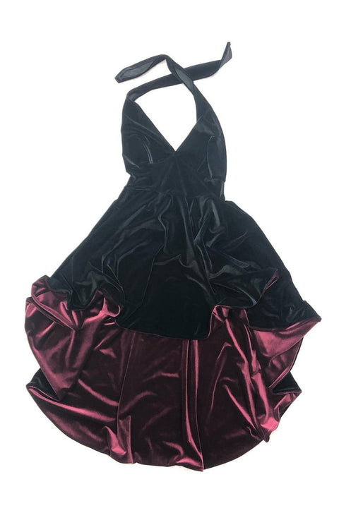 Black Hi Lo Velvet Halter Dress with Burgundy Lined Hemline - Coquetry Clothing