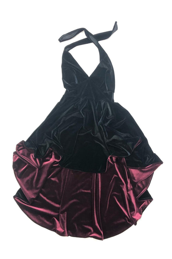 Black Hi Lo Velvet Halter Dress with Burgundy Lined Hemline - 1