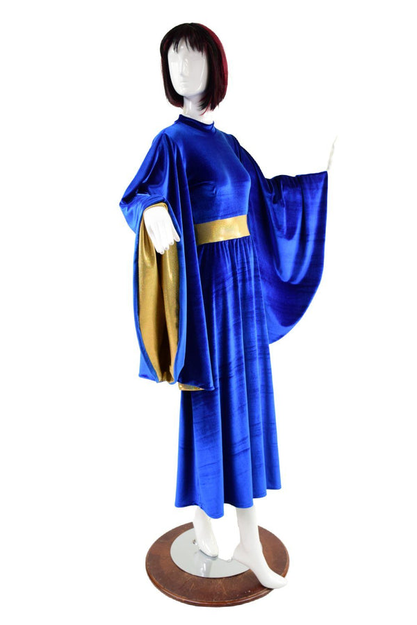Sapphire Velvet and Gold Holographic Fan Sleeve Gown - 4