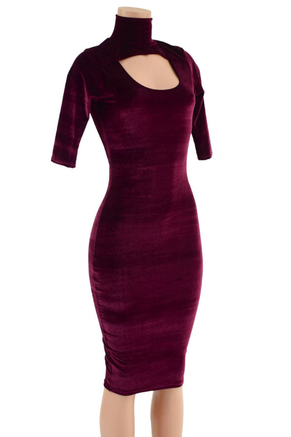 Burgundy Velvet Backless Dress with Window Neckline - 2