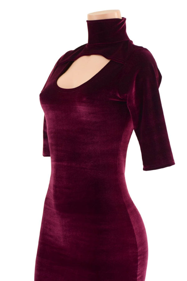 Burgundy Velvet Backless Dress with Window Neckline - 8