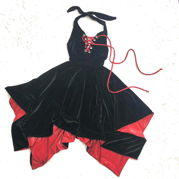 Velvet Handkerchief Hemline Halter Dress with Laceup Neckline - 5
