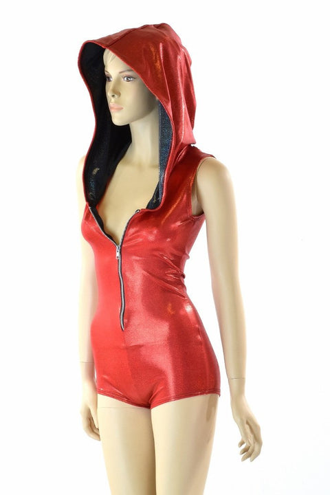 Red Metallic Zipper Hoodie Romper - Coquetry Clothing